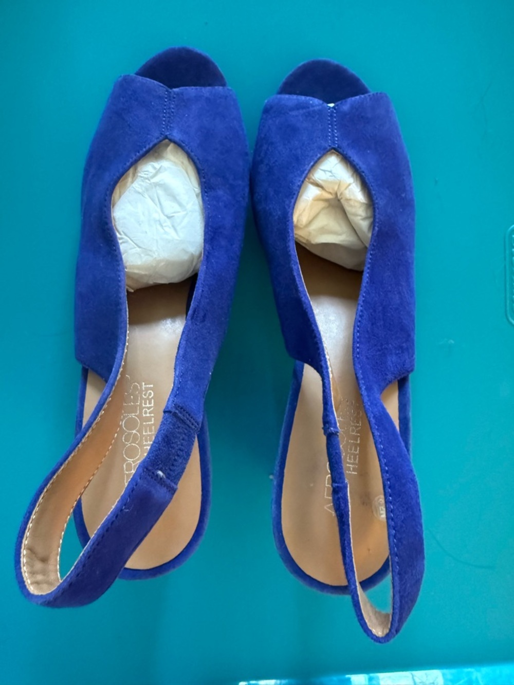 Brand New Aerosoles Vivid Blue Suede Slingback Peep-Toe Heels